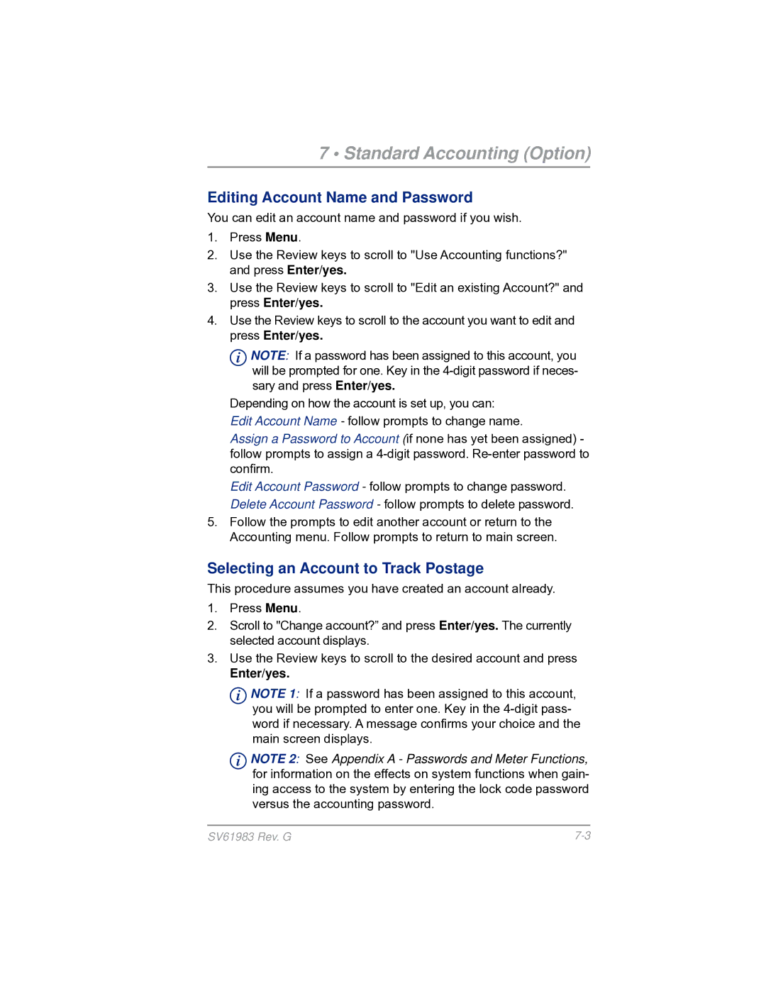 Pitney Bowes SV61983 manual Editing Account Name and Password, Selecting an Account to Track Postage 