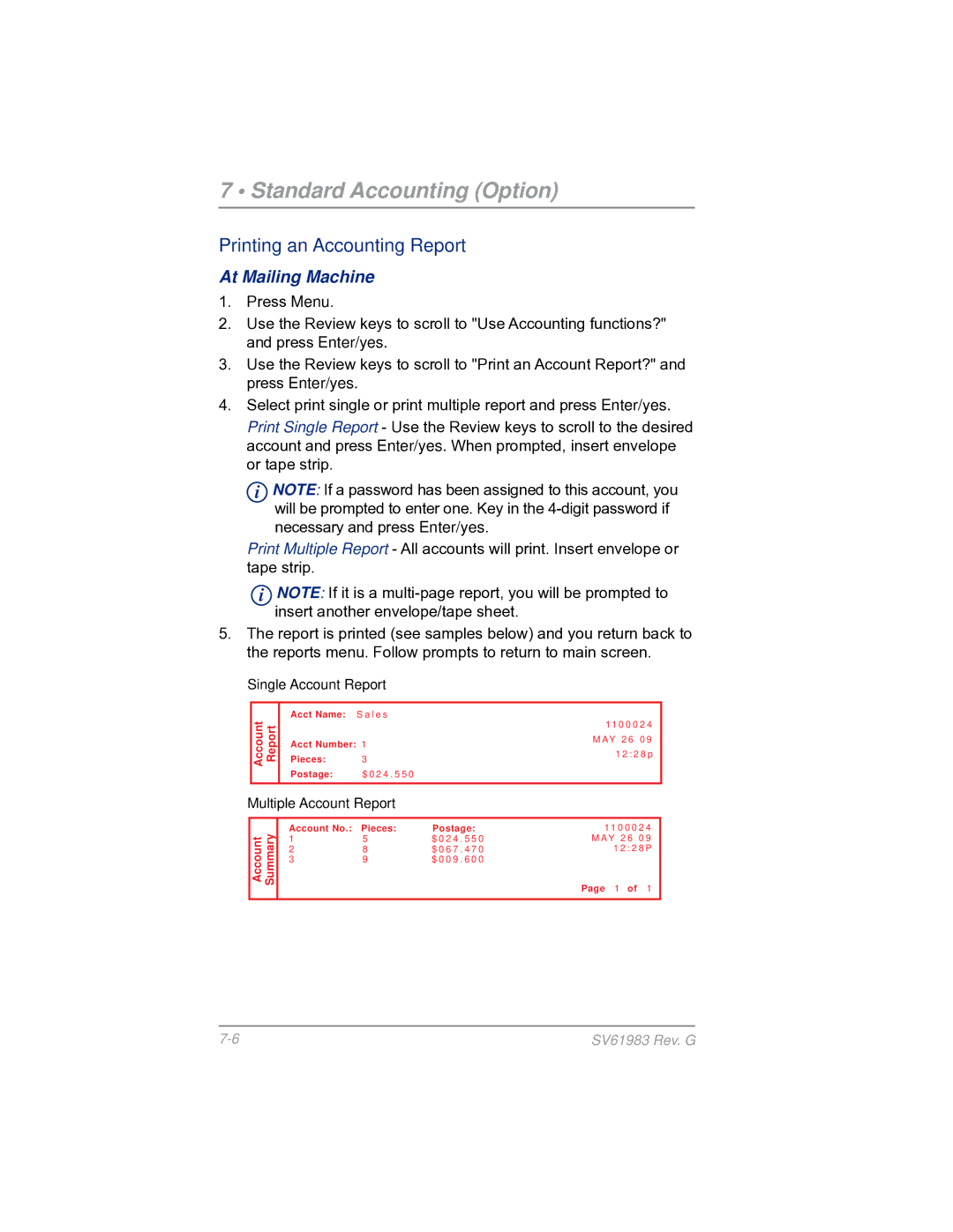 Pitney Bowes SV61983 manual Single Account Report 