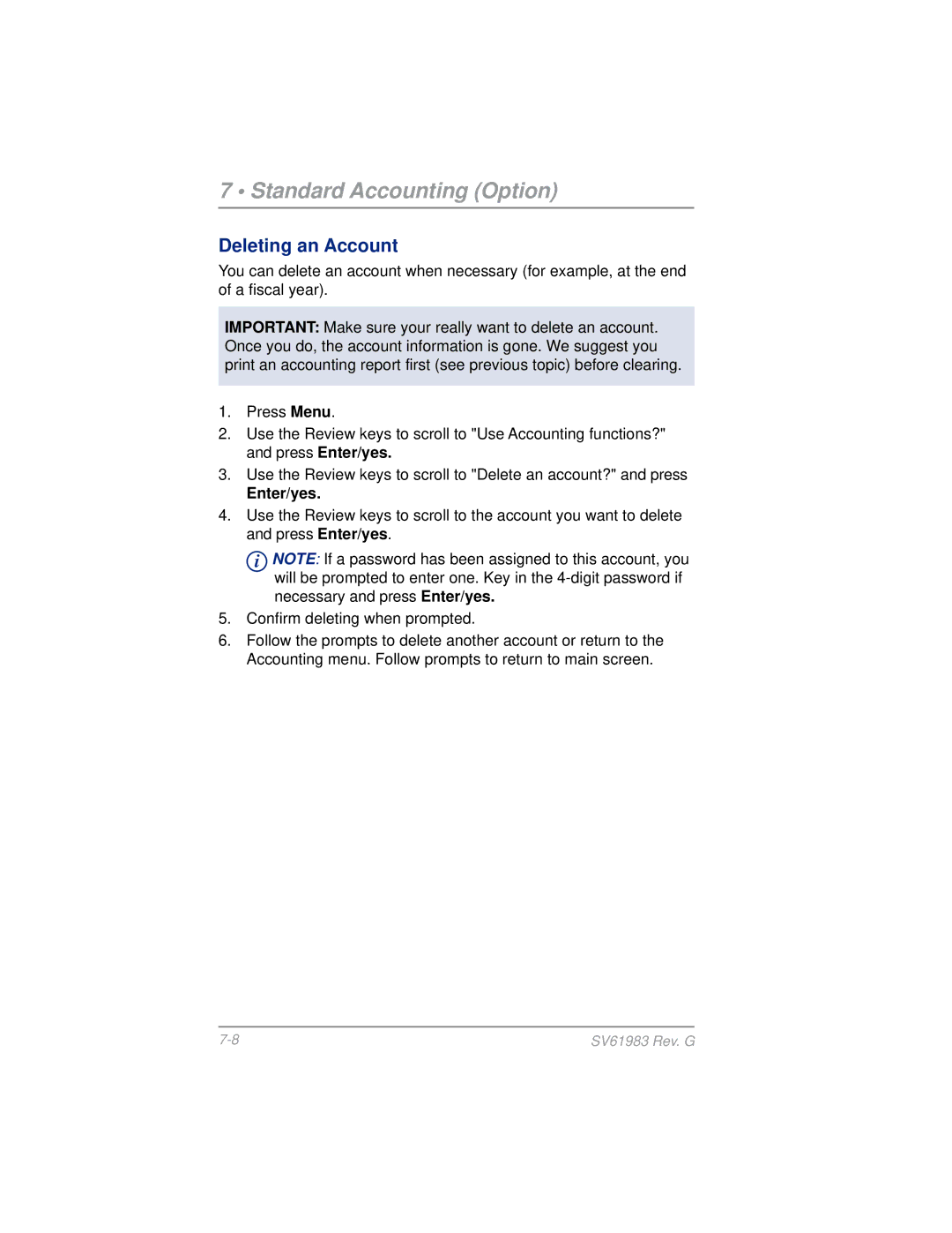 Pitney Bowes SV61983 manual Deleting an Account, Enter/yes 