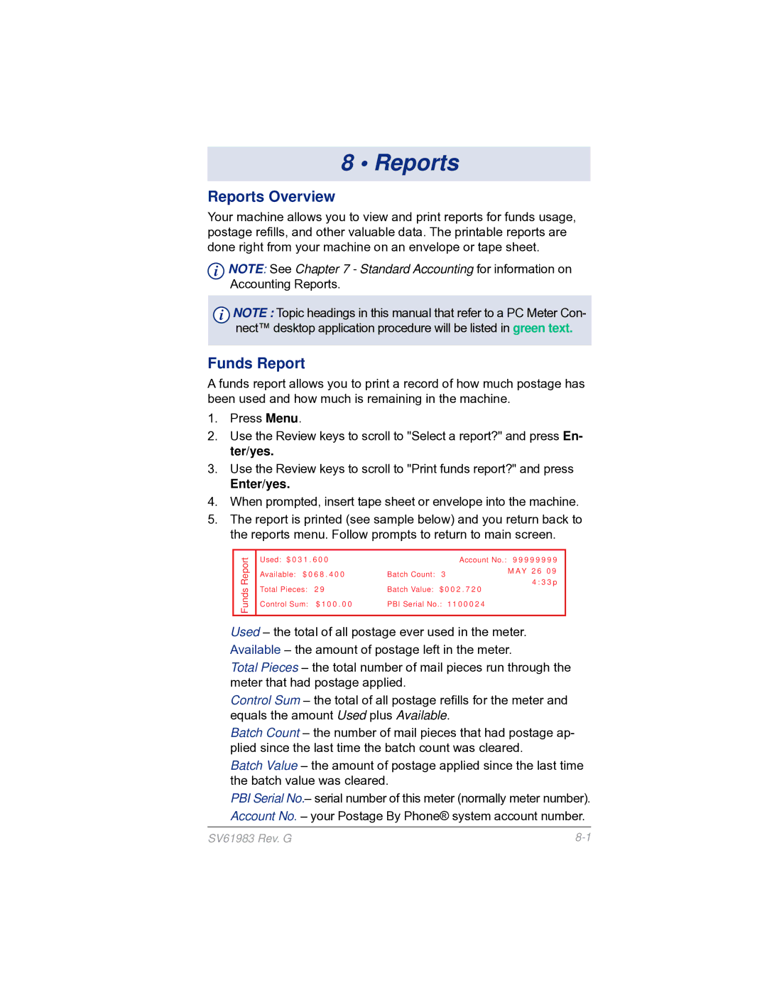 Pitney Bowes SV61983 manual Reports Overview, Funds Report, Ter/yes 