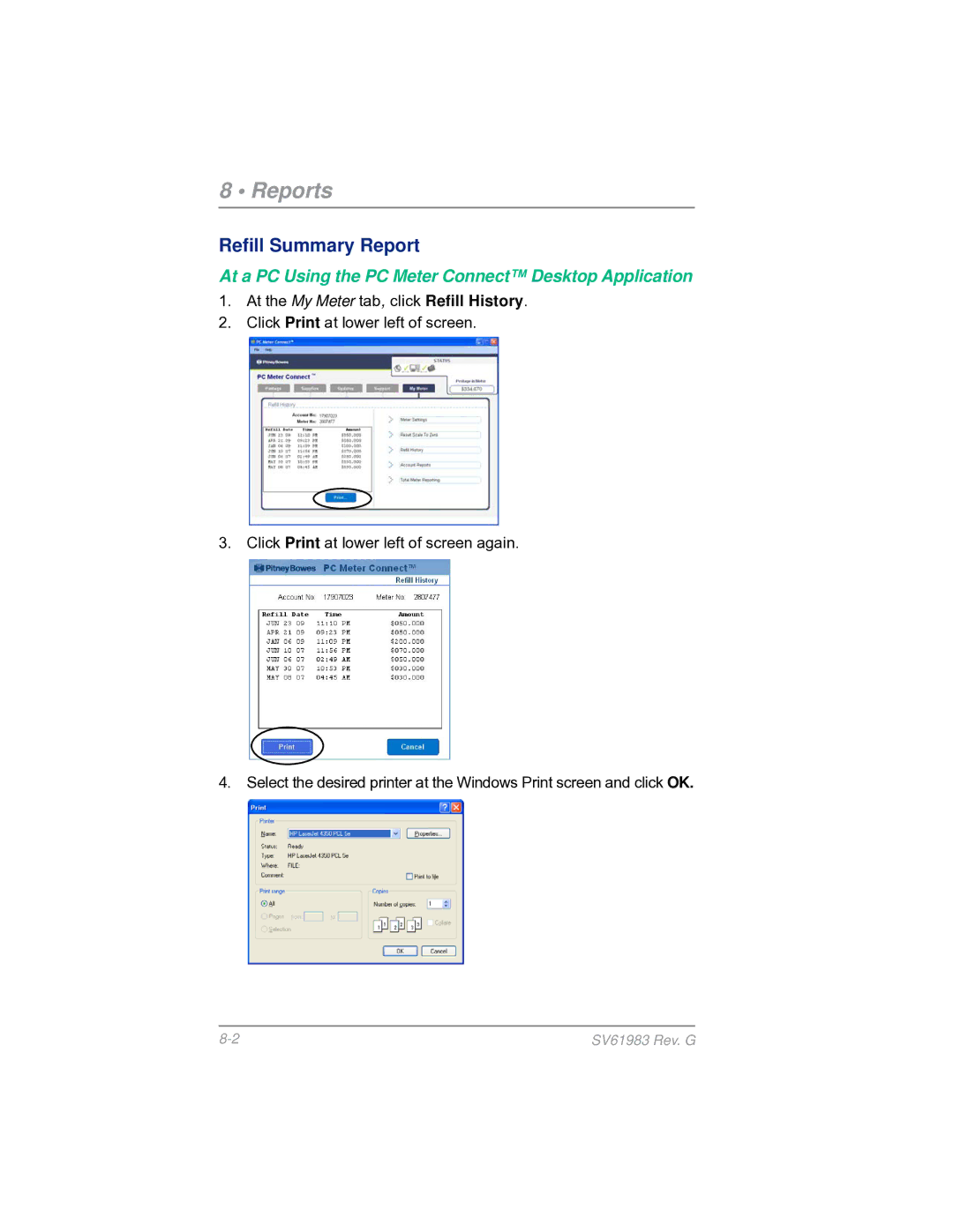 Pitney Bowes SV61983 manual Reports, Refill Summary Report 