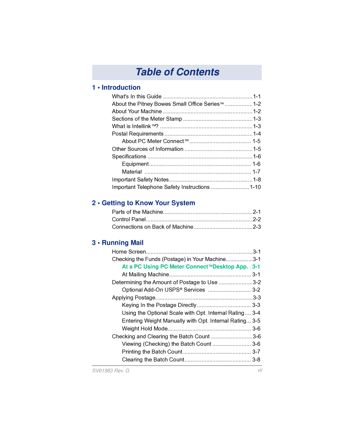 Pitney Bowes SV61983 manual Table of Contents 