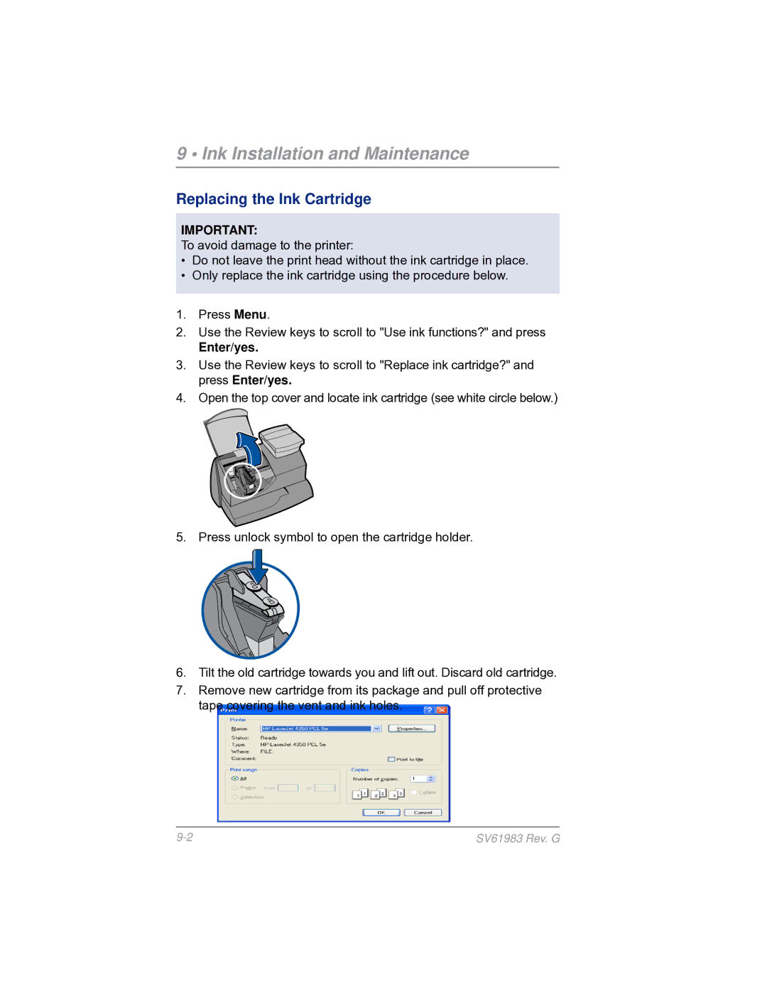 Pitney Bowes SV61983 manual Ink Installation and Maintenance, Replacing the Ink Cartridge 