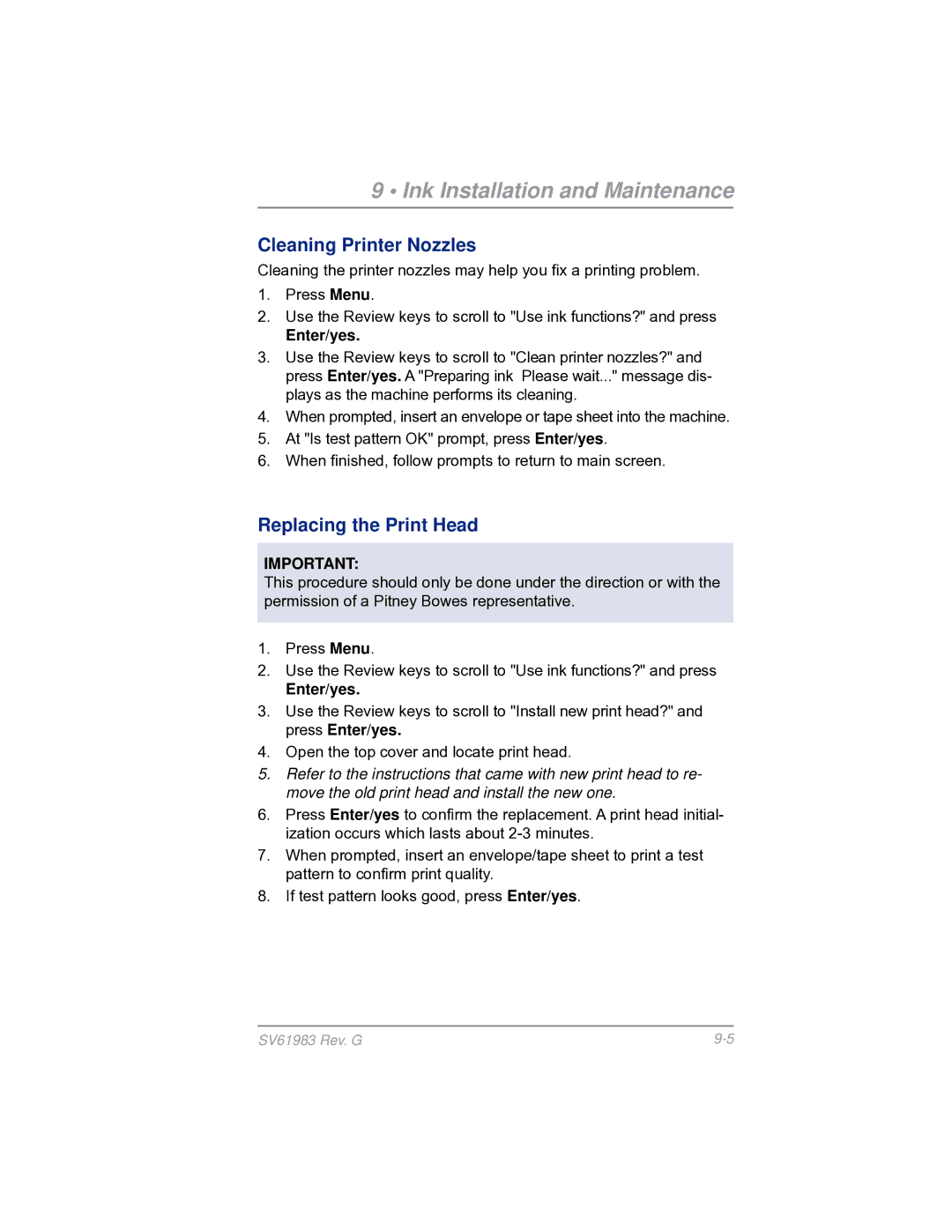 Pitney Bowes SV61983 manual Cleaning Printer Nozzles, Replacing the Print Head 