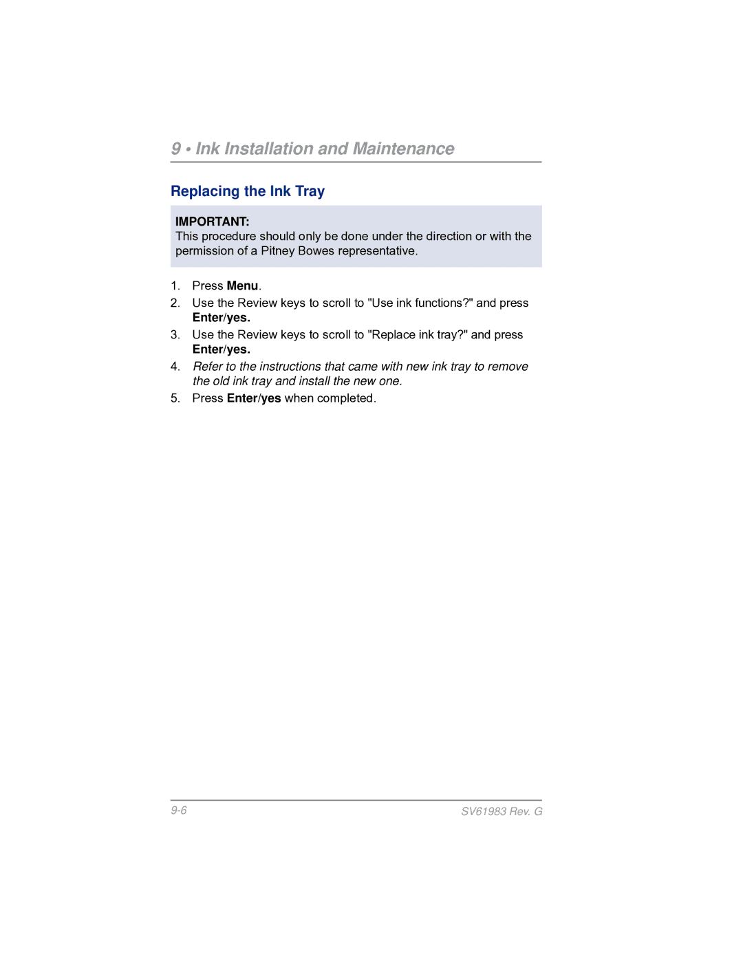 Pitney Bowes SV61983 manual Replacing the Ink Tray 