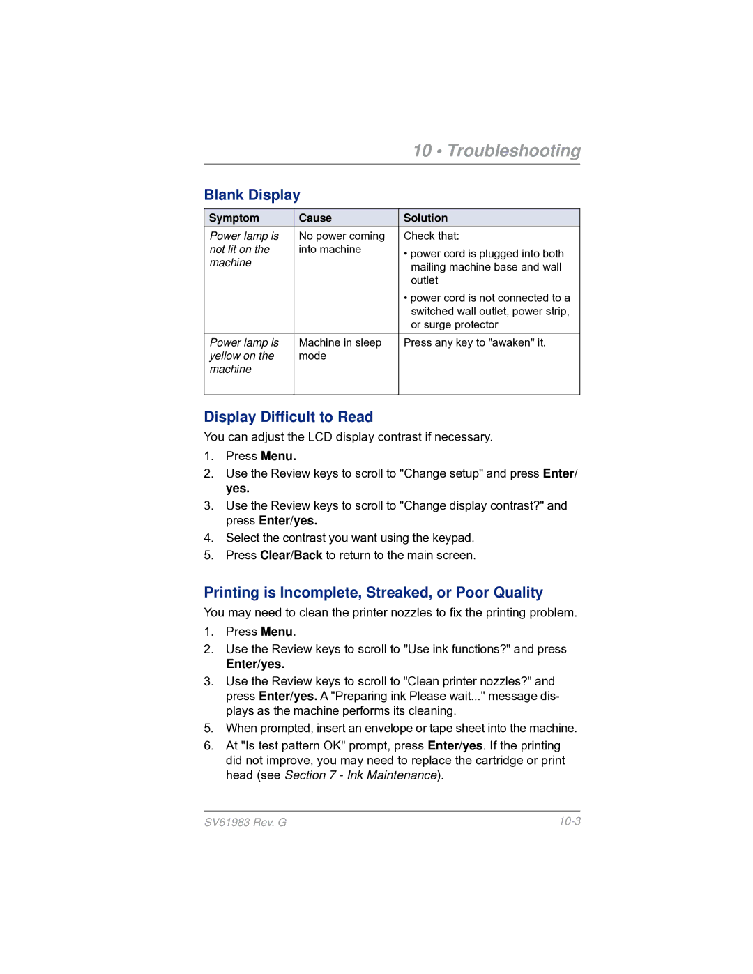 Pitney Bowes SV61983 manual Display Difficult to Read, Printing is Incomplete, Streaked, or Poor Quality 