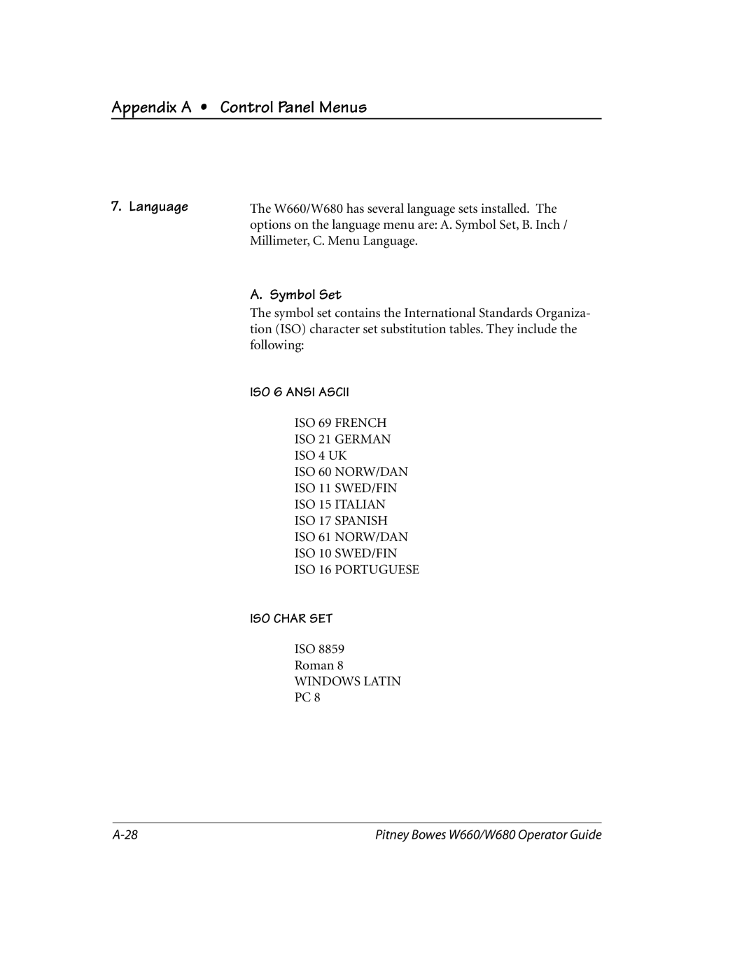 Pitney Bowes W660, W680 manual Language, Symbol Set 