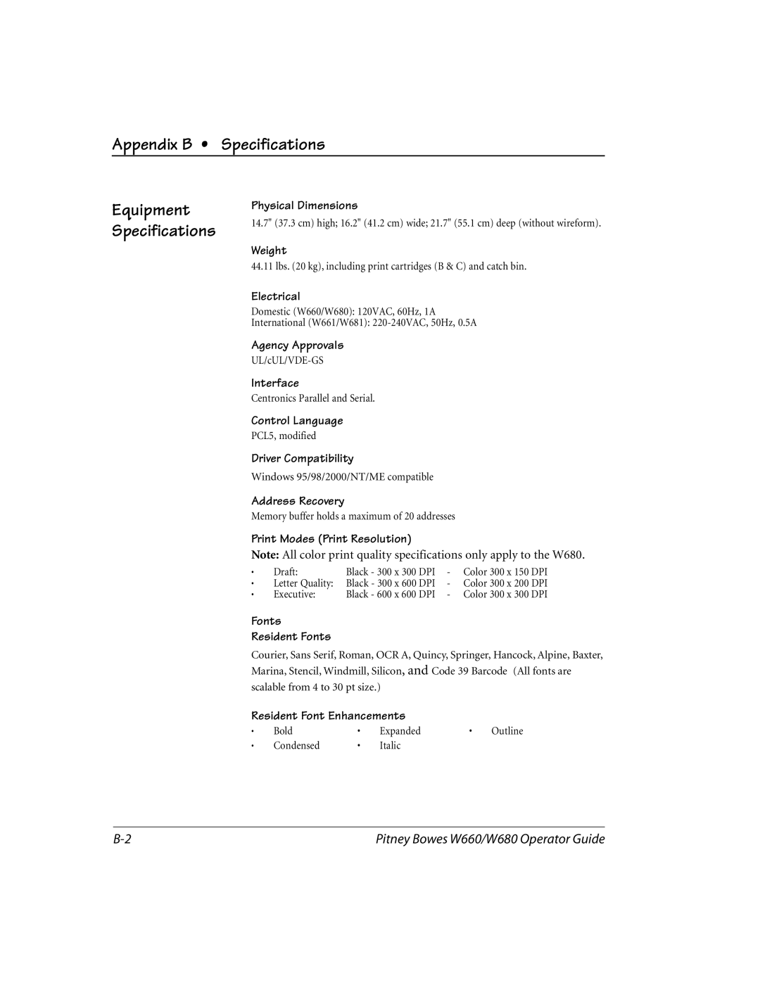 Pitney Bowes W660, W680 manual Appendix B Specifications, Equipment Specifications 