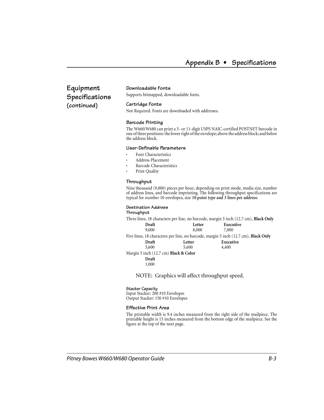 Pitney Bowes W680, W660 manual Appendix B Specifications Equipment 