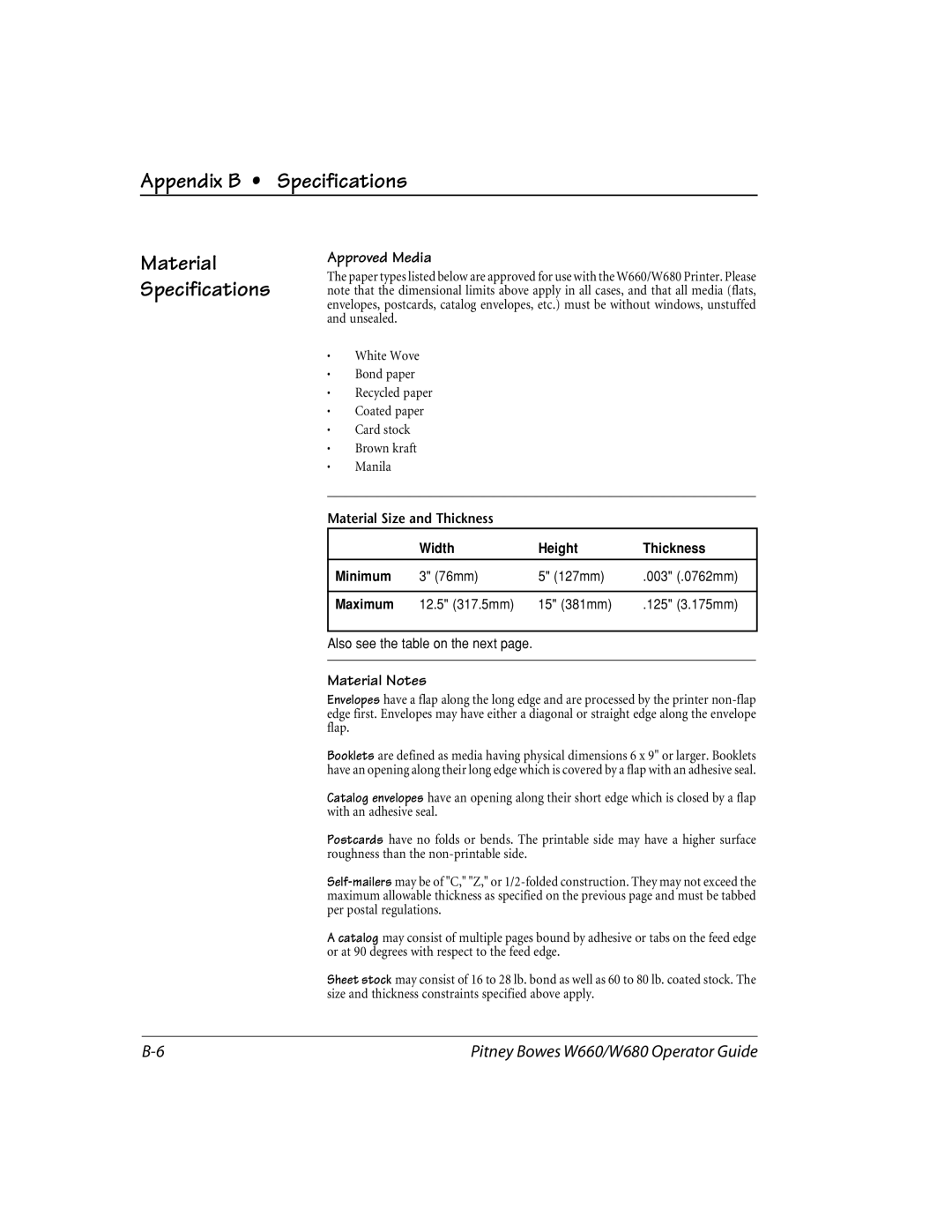 Pitney Bowes W660, W680 manual Material Specifications, Approved Media 