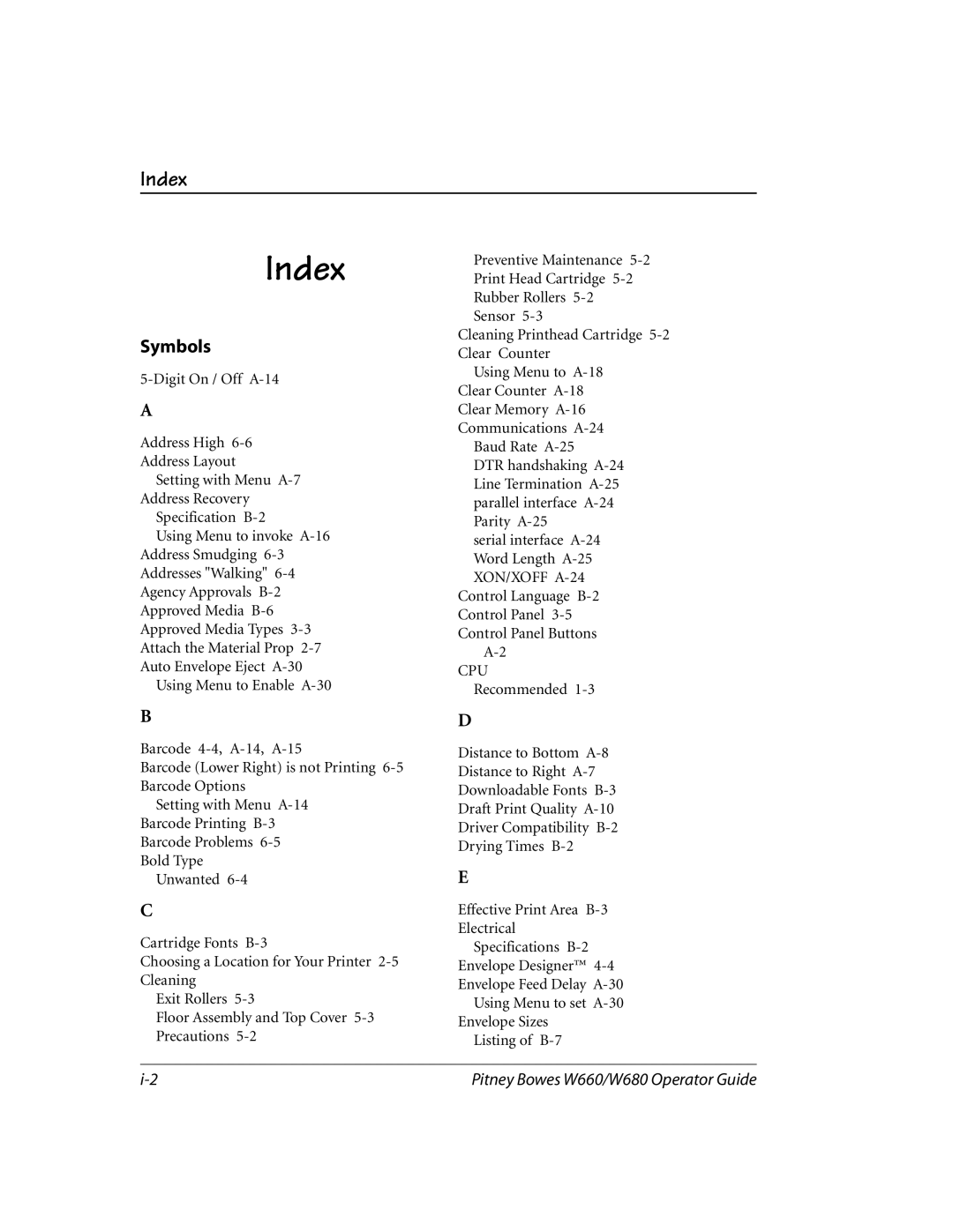 Pitney Bowes W660, W680 manual Index, Symbols 