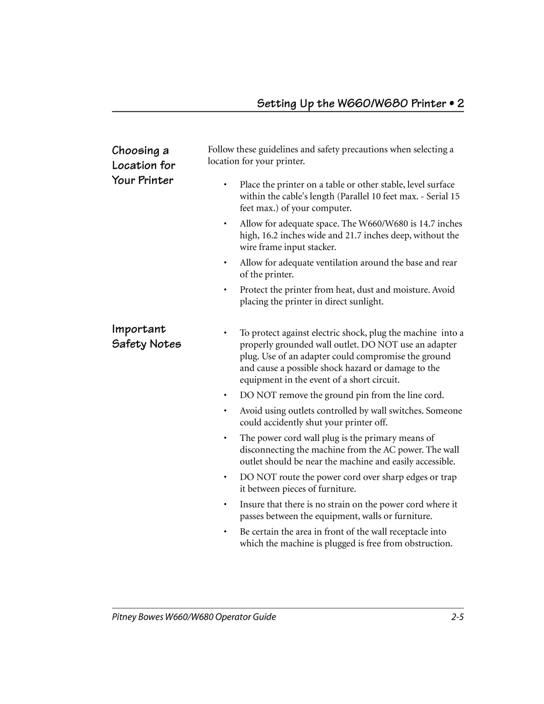 Pitney Bowes W680, W660 manual Choosing a Location for Your Printer Important Safety Notes 