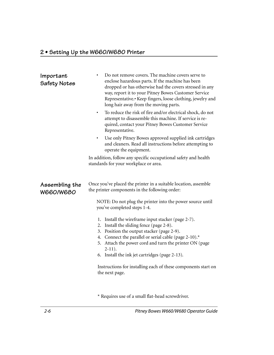 Pitney Bowes manual Important Safety Notes Assembling the W660/W680 