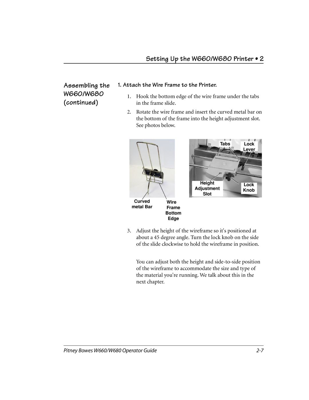 Pitney Bowes W680, W660 manual Attach the Wire Frame to the Printer 