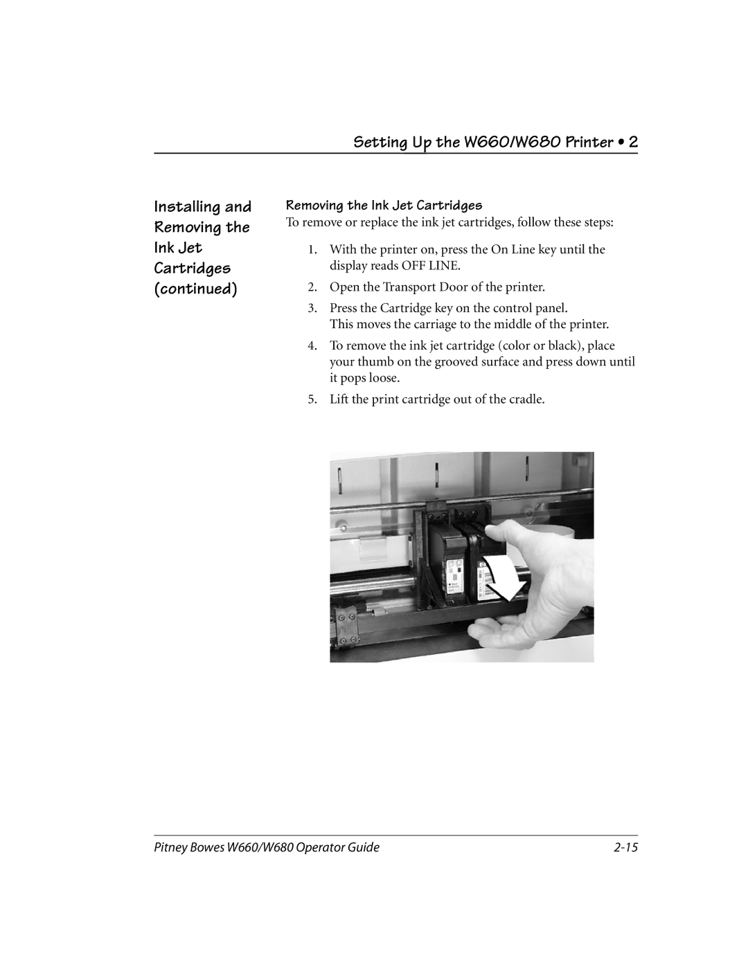 Pitney Bowes W680, W660 manual Removing the Ink Jet Cartridges 