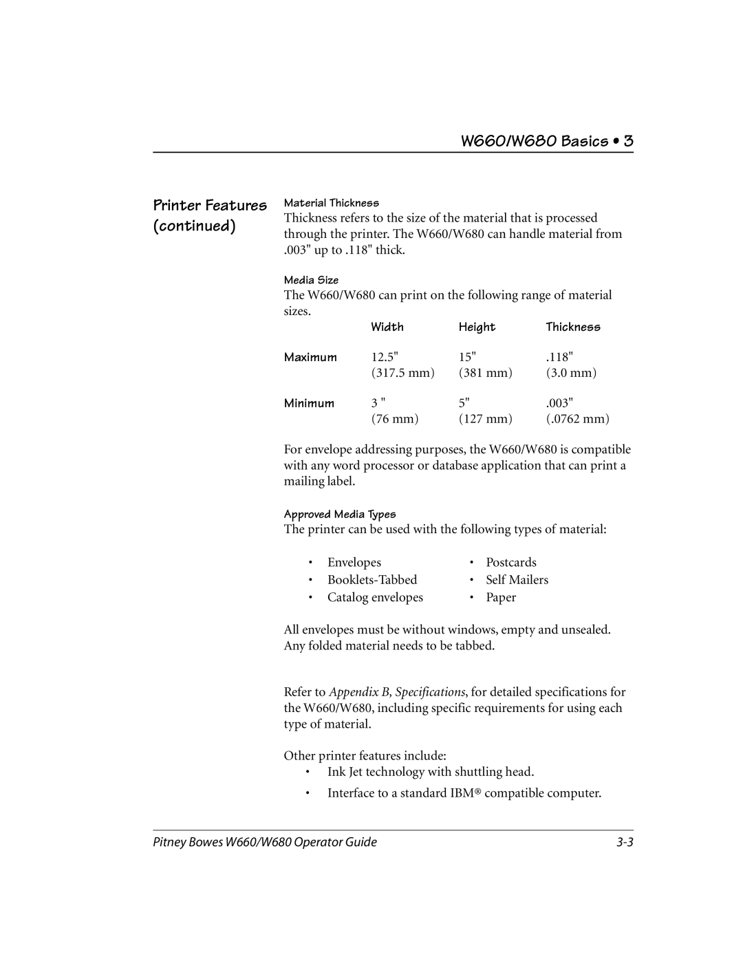 Pitney Bowes W680, W660 manual Printer Features, Width Height, Maximum, Minimum 