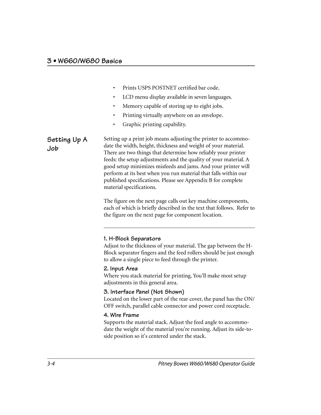 Pitney Bowes W660/W680 Basics Setting Up a Job, Block Separators, Input Area, Interface Panel Not Shown, Wire Frame 
