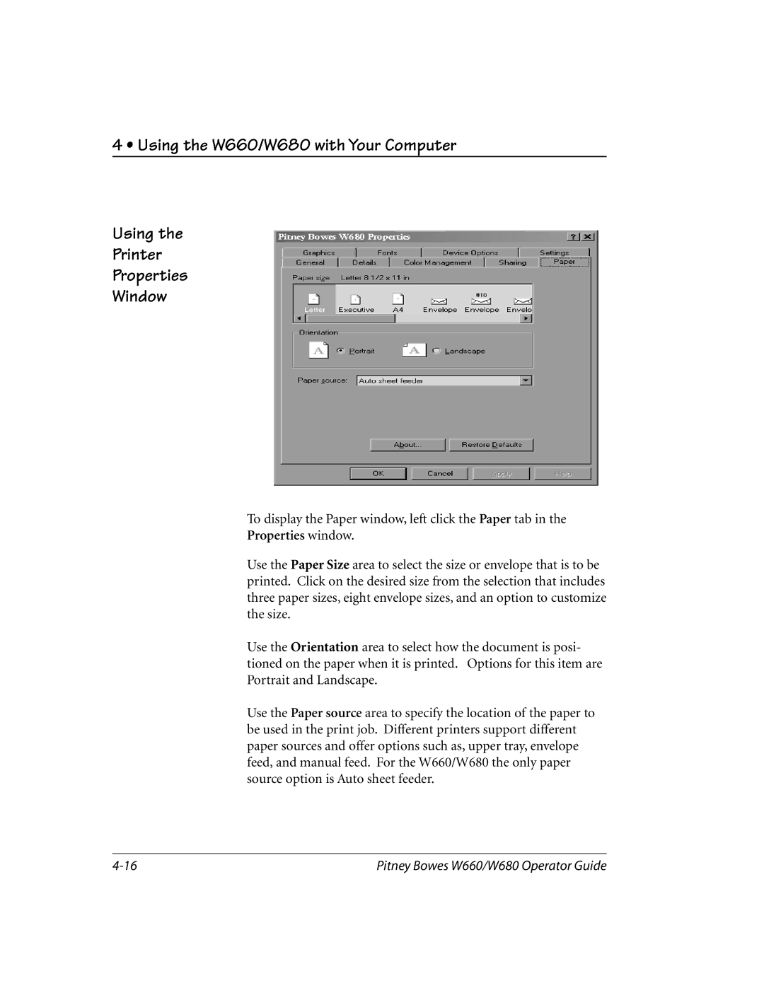 Pitney Bowes W660, W680 manual To display the Paper window, left click the Paper tab 