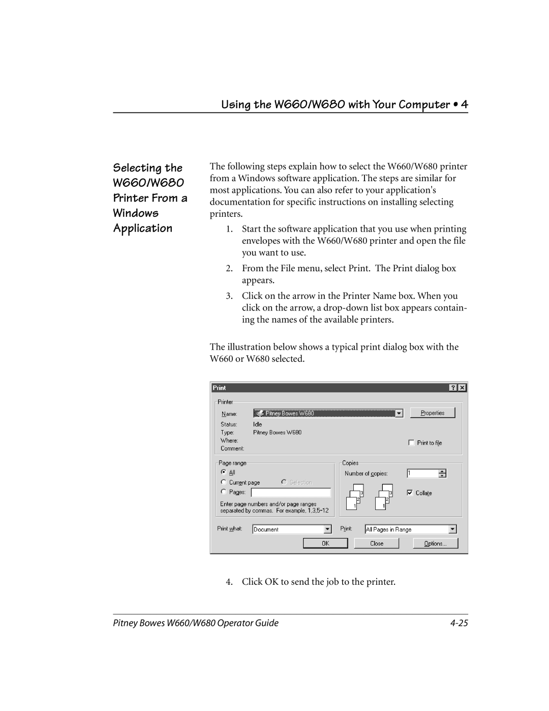 Pitney Bowes manual Selecting W660/W680 Printer From a Windows Application 