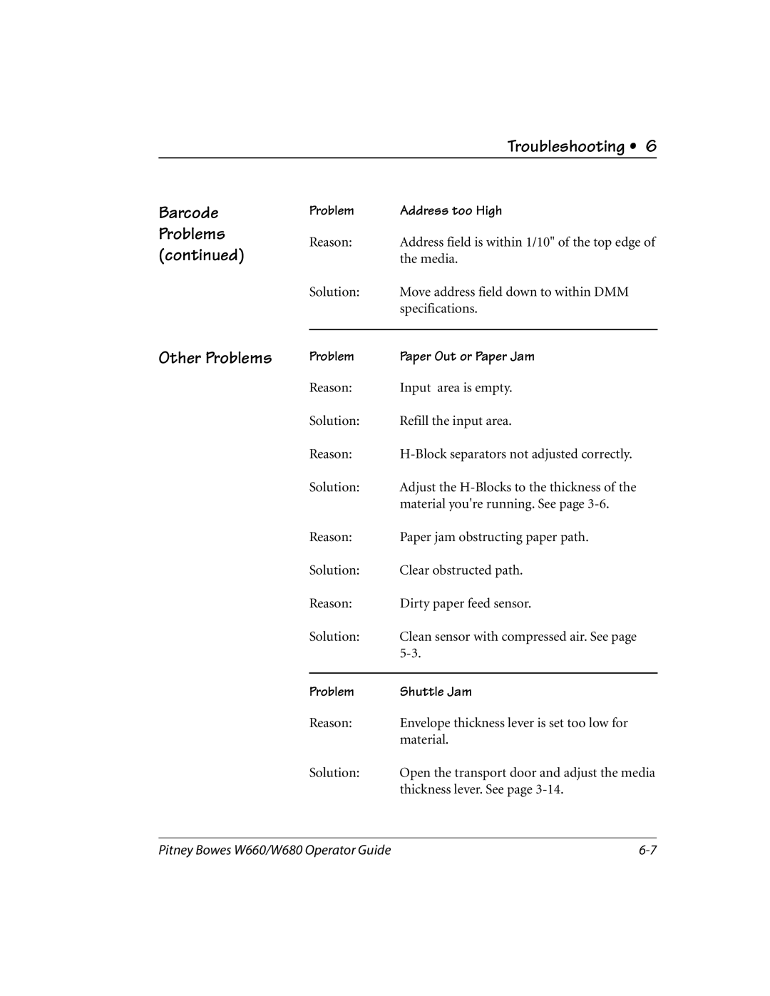 Pitney Bowes W680, W660 manual Troubleshooting Barcode, Other Problems 