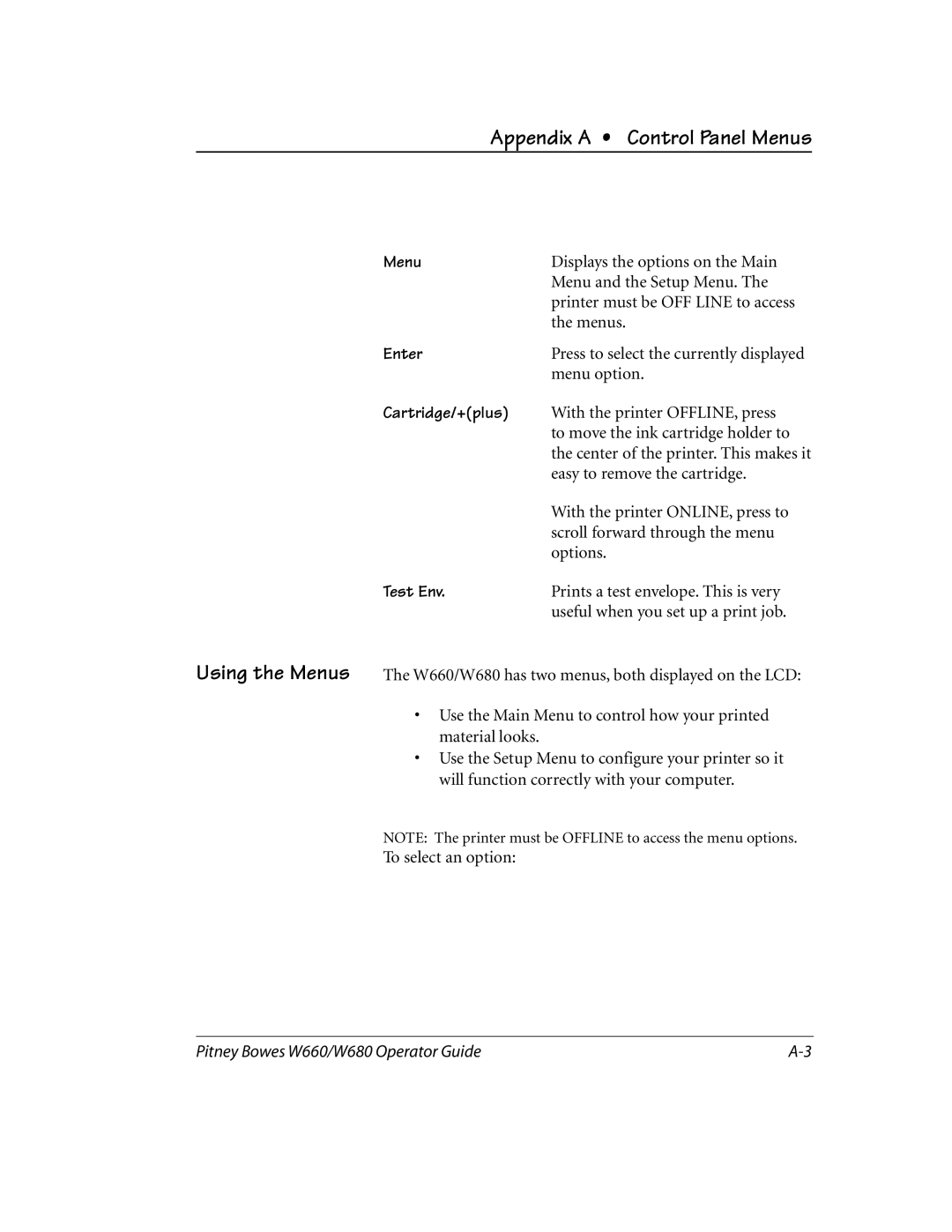 Pitney Bowes W680, W660 manual Menu, Enter, Cartridge/+plus, Test Env 