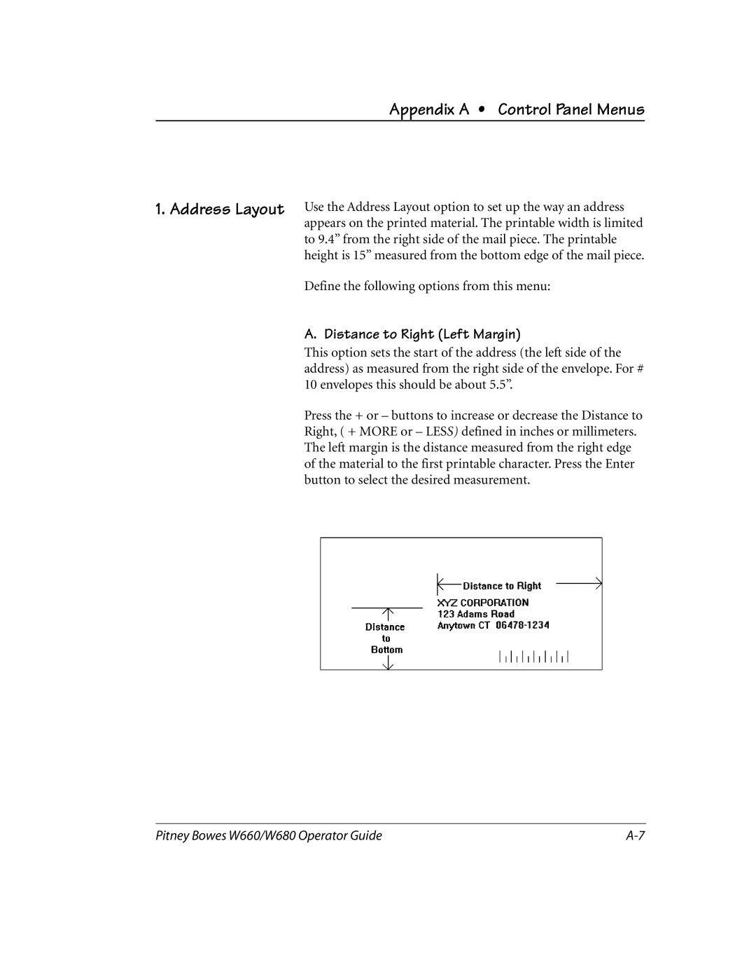 Pitney Bowes W680, W660 manual Appendix a Control Panel Menus, Distance to Right Left Margin 