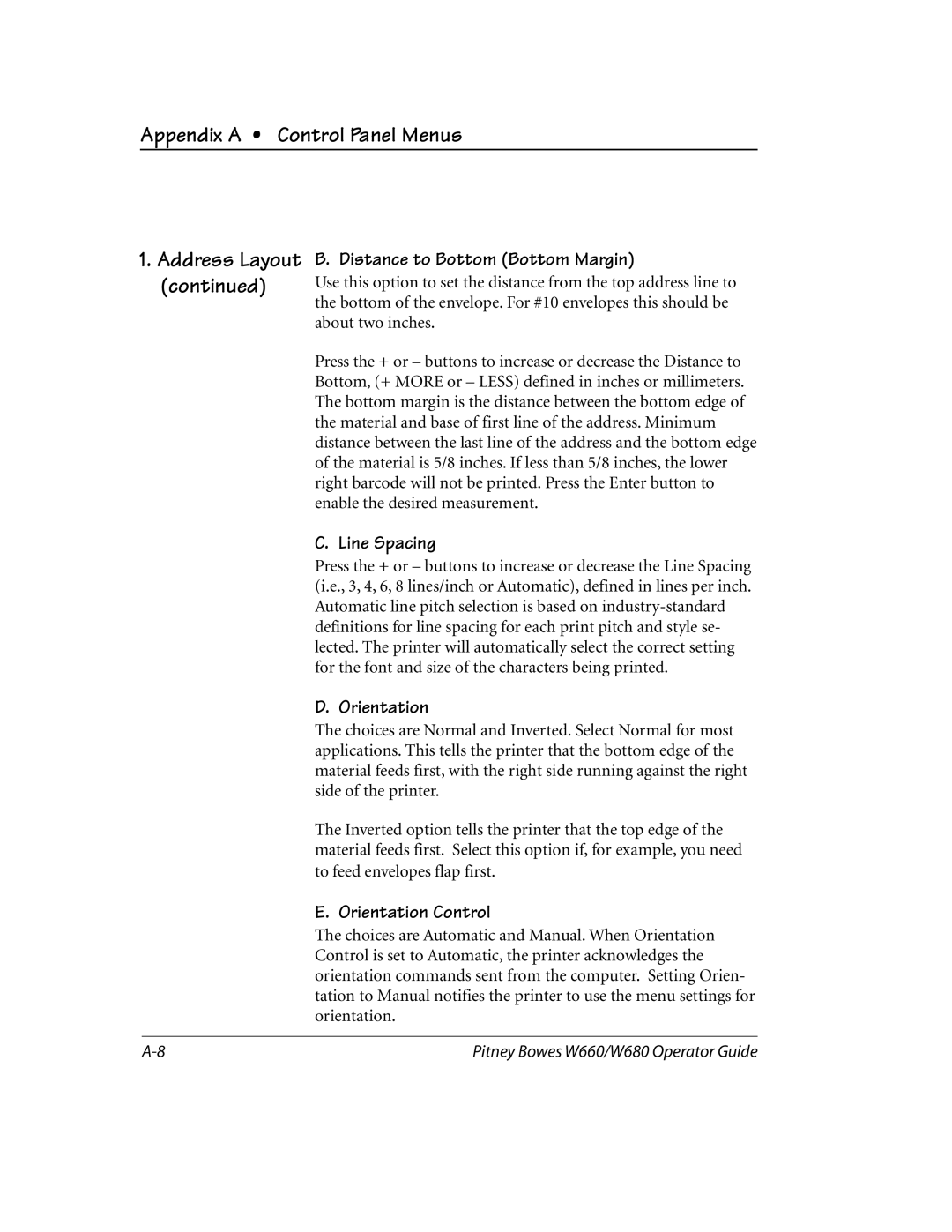 Pitney Bowes W660, W680 manual Address Layout, Distance to Bottom Bottom Margin, Line Spacing, Orientation Control 