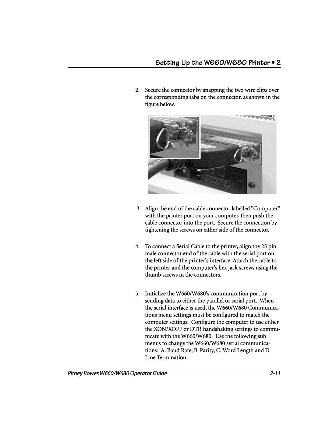 Pitney Bowes manual 2-11, Setting Up the W660/W680 Printer, Pitney Bowes W660/W680 Operator Guide 