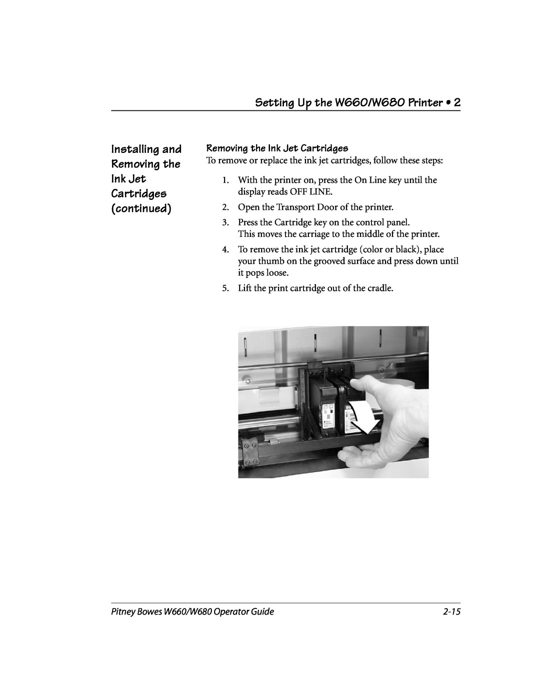Pitney Bowes manual Removing the Ink Jet Cartridges, 2-15, Setting Up the W660/W680 Printer 