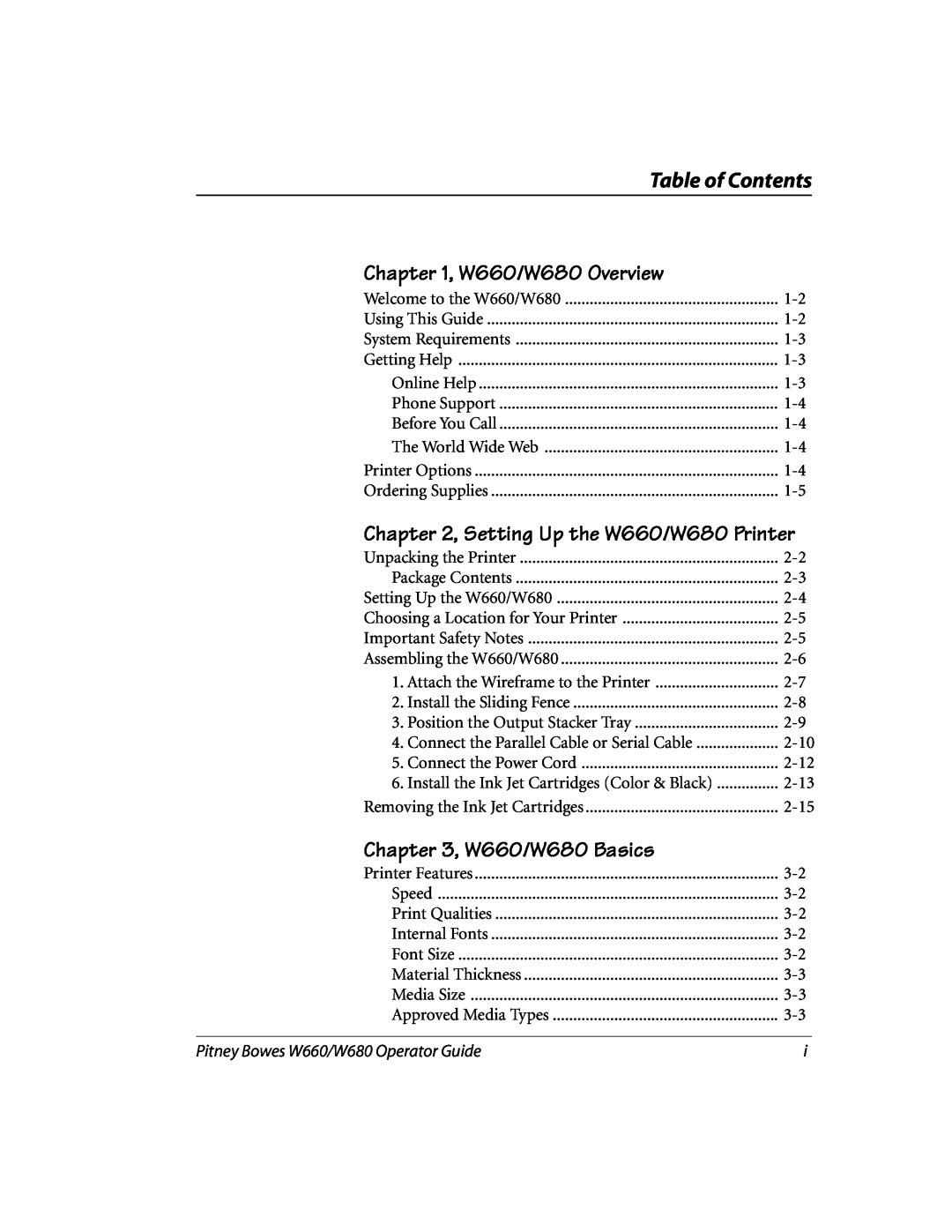 Pitney Bowes manual Table of Contents, W660/W680 Overview, Setting Up the W660/W680 Printer, W660/W680 Basics 