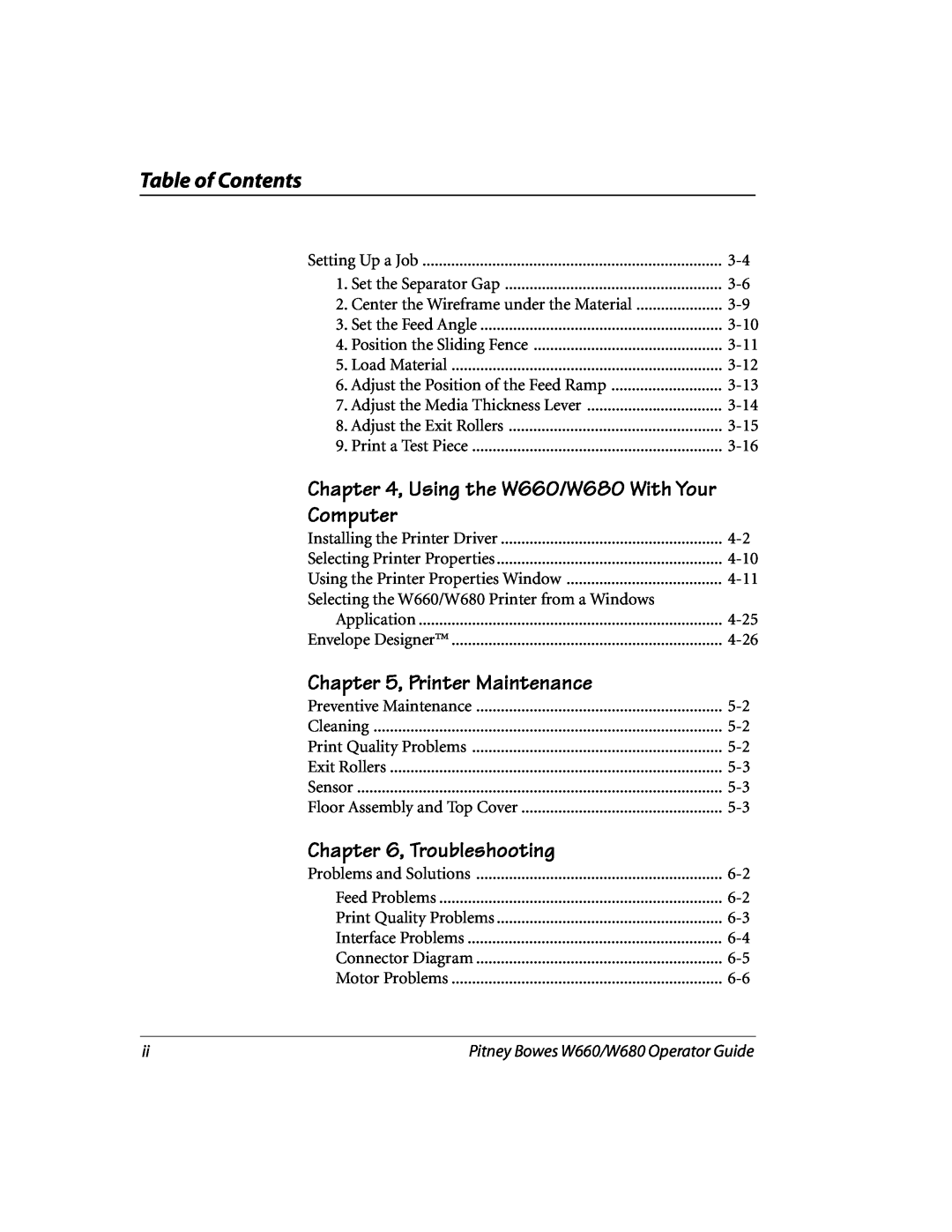 Pitney Bowes manual Using the W660/W680 With Your Computer, Printer Maintenance, Troubleshooting, Table of Contents 