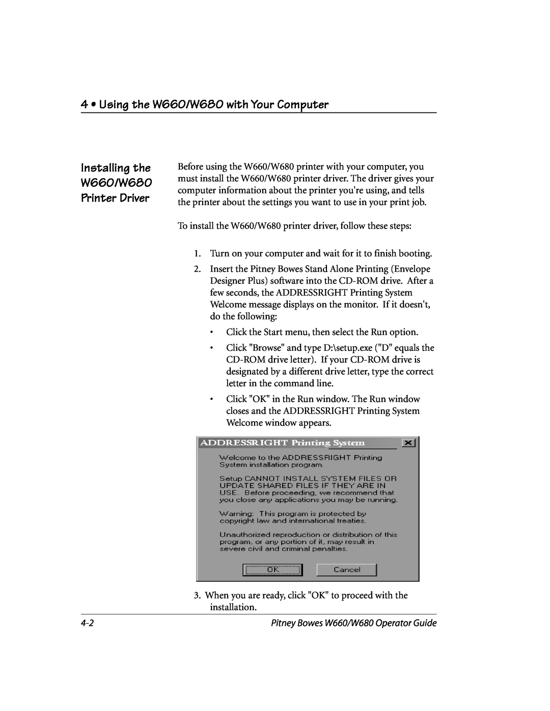 Pitney Bowes manual Using the W660/W680 with Your Computer, Installing the W660/W680 Printer Driver 