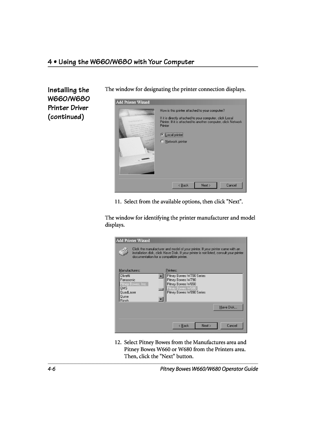Pitney Bowes manual Using the W660/W680 with Your Computer, Installing the W660/W680 Printer Driver continued 