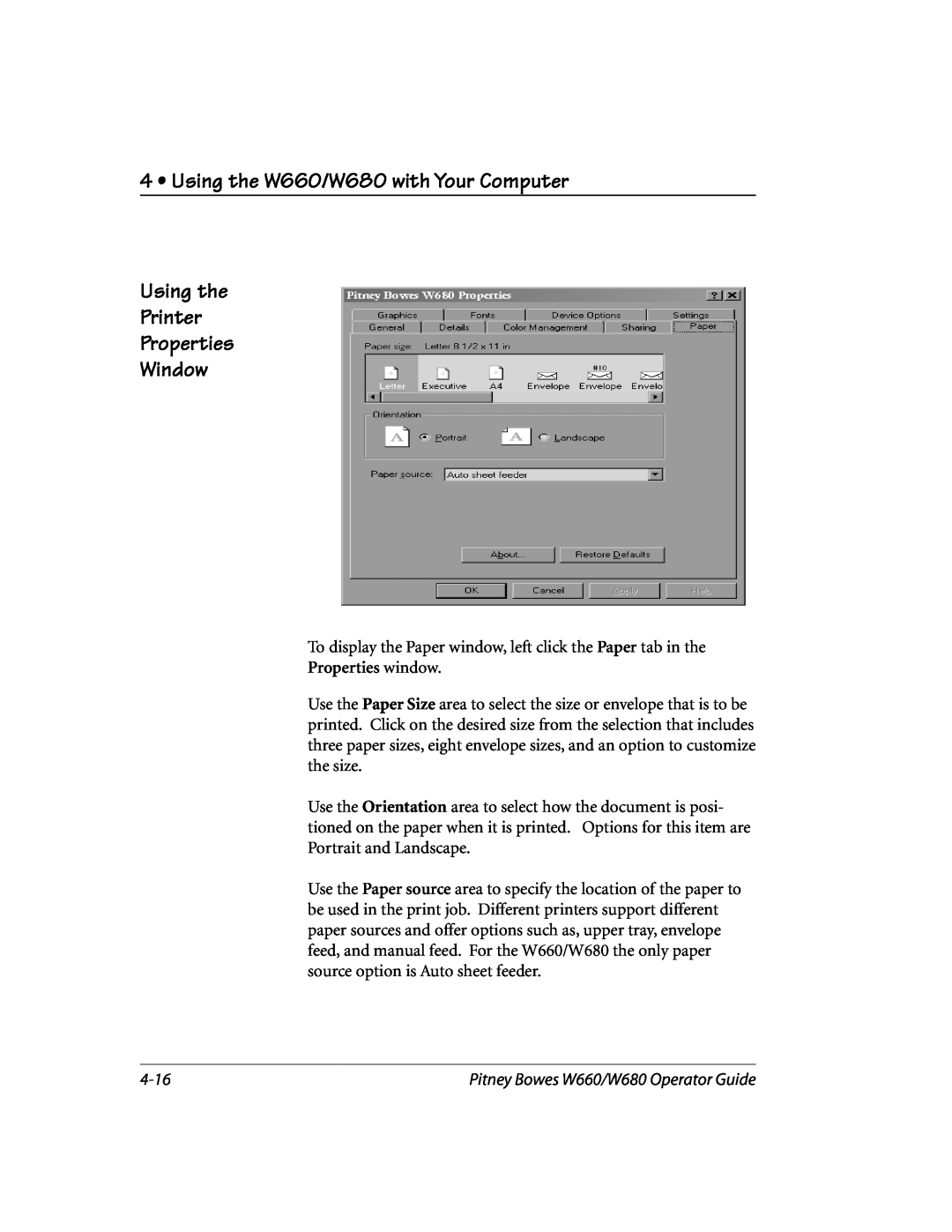 Pitney Bowes manual Using the W660/W680 with Your Computer Using the Printer, Properties Window, Properties window 