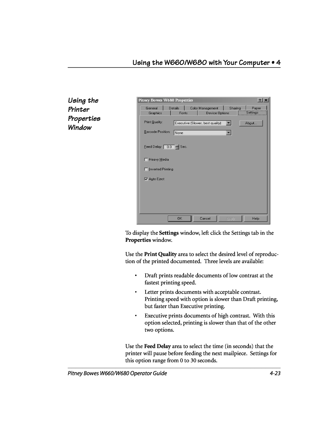 Pitney Bowes manual Using the W660/W680 with Your Computer, Using the Printer Properties Window, 4-23, Properties window 