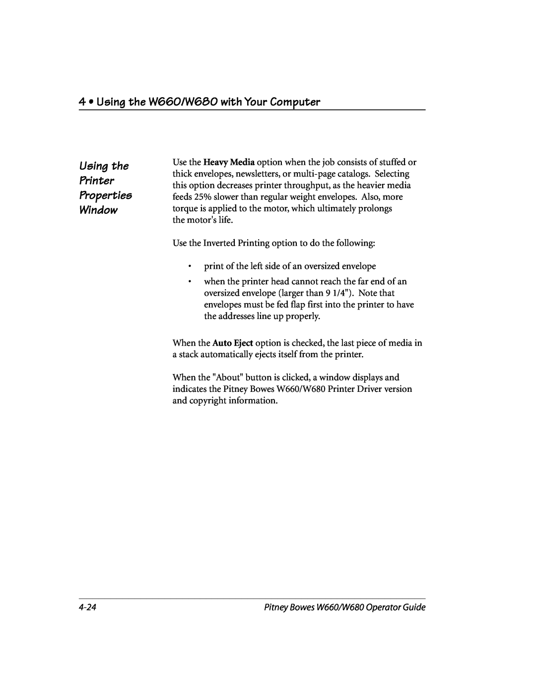 Pitney Bowes manual Using the W660/W680 with Your Computer, Using the Printer Properties Window 