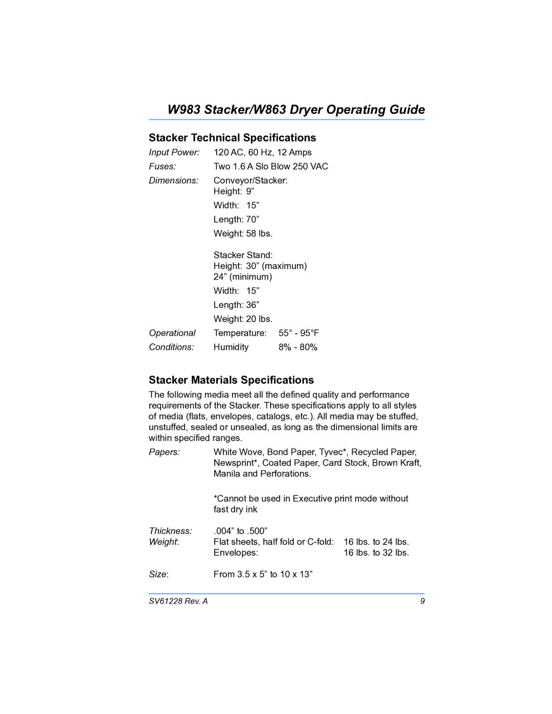 Pitney Bowes W983, W863 manual Stacker Technical Specifications, Stacker Materials Specifications 