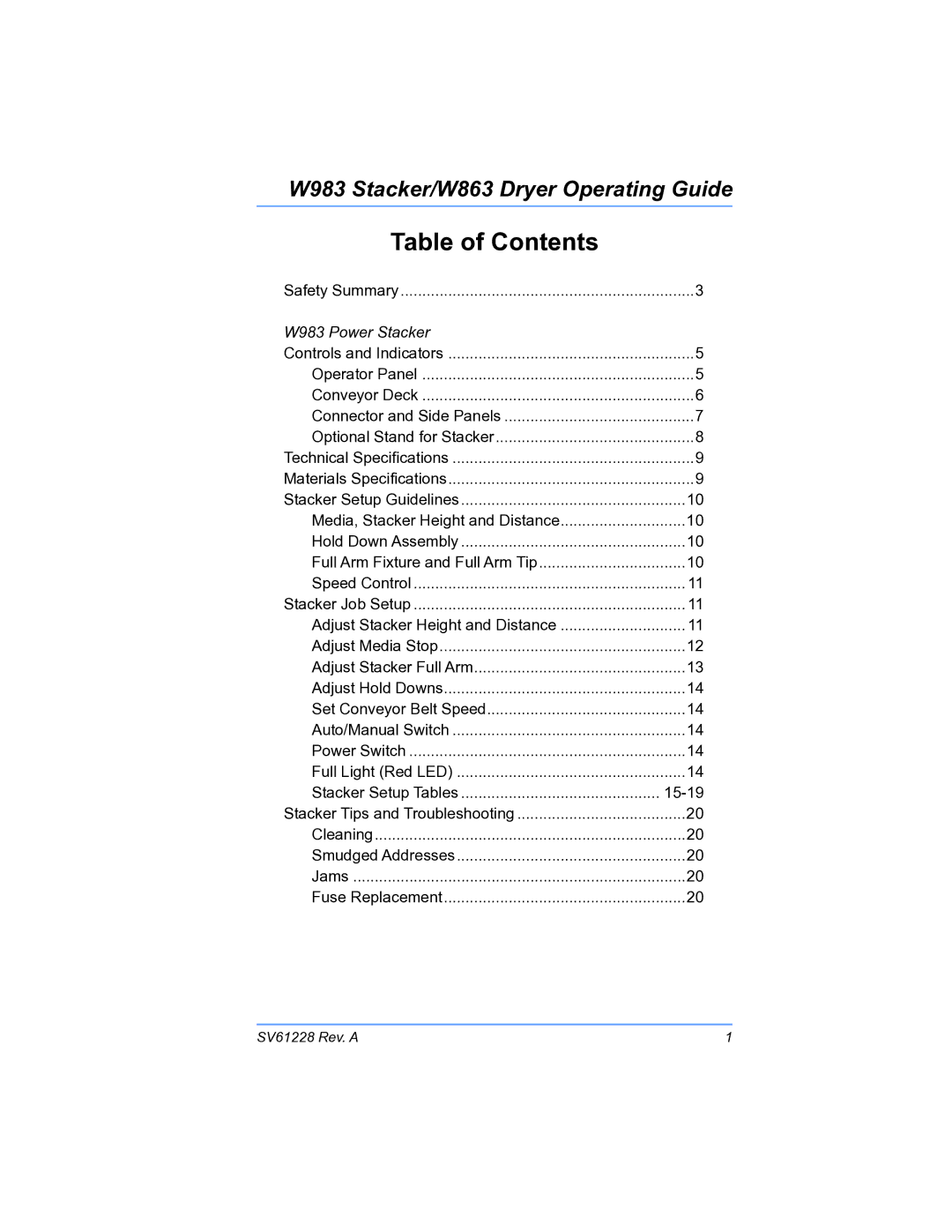 Pitney Bowes W983, W863 manual Table of Contents 