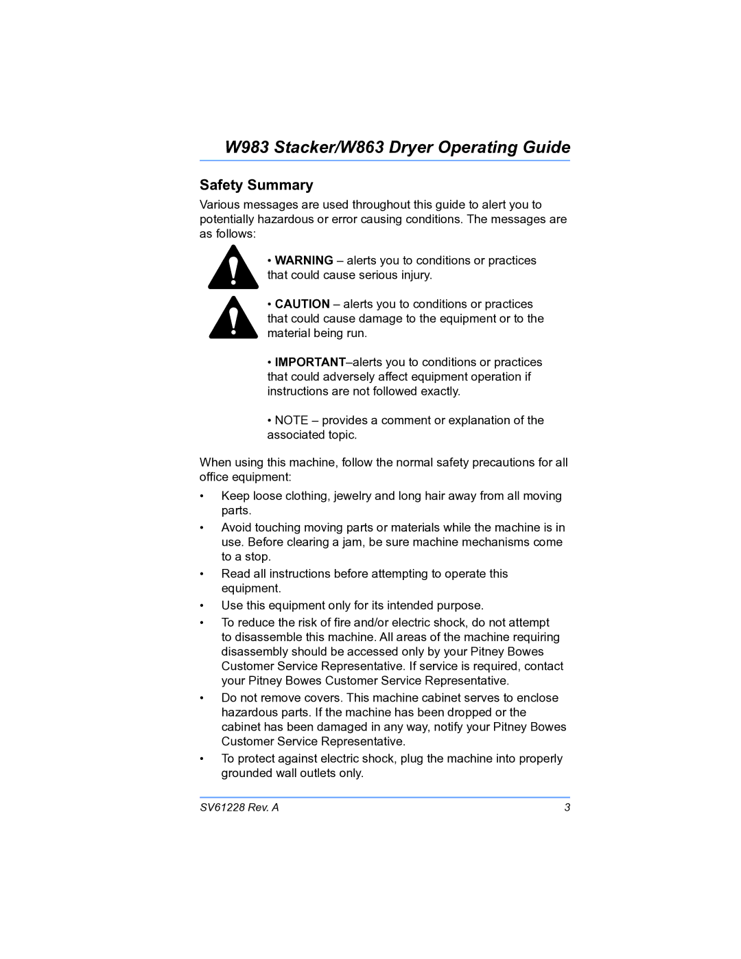 Pitney Bowes W983, W863 manual Safety Summary 