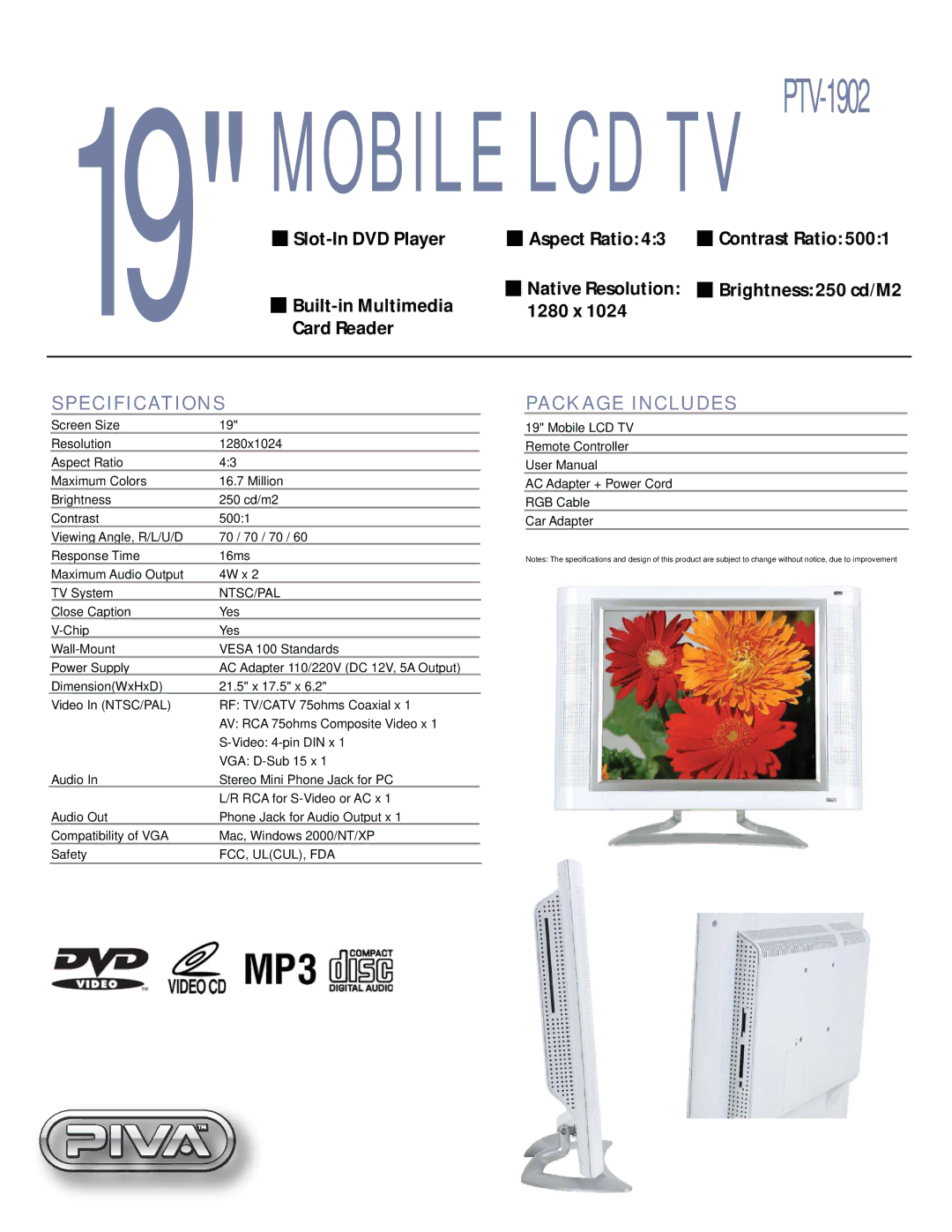 PIVA manual Mobile LCD TV PTV-1902, Specifications, Package Includes, Ntsc/Pal, Fcc, Ulcul, Fda 