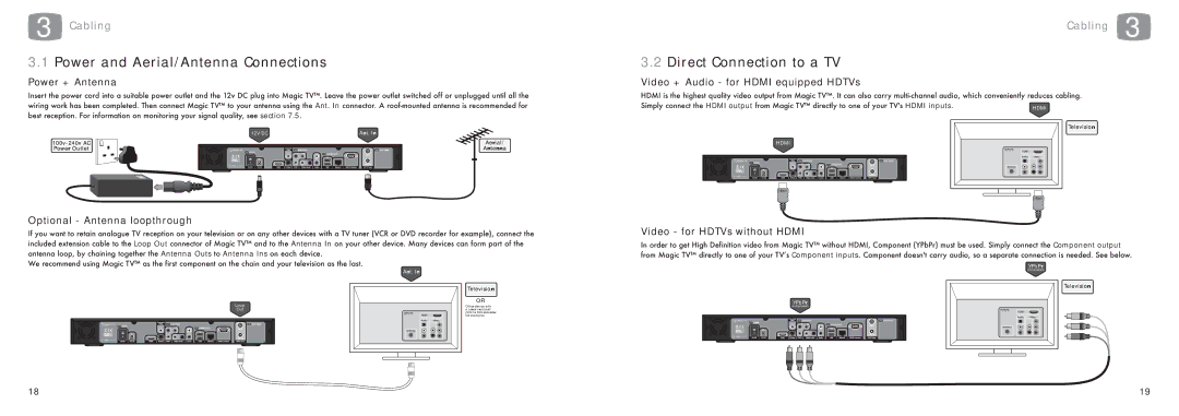 Pixel Magic Systems MTV5000 specifications Power and Aerial/Antenna Connections, Direct Connection to a TV 