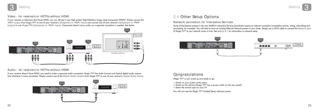 Pixel Magic Systems MTV5000 specifications Other Setup Options, Congratulations, Video for receivers or HDTVs without Hdmi 