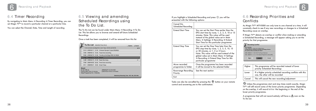 Pixel Magic Systems MTV5000 specifications Timer Recording, Recording Priorities and Conflicts 