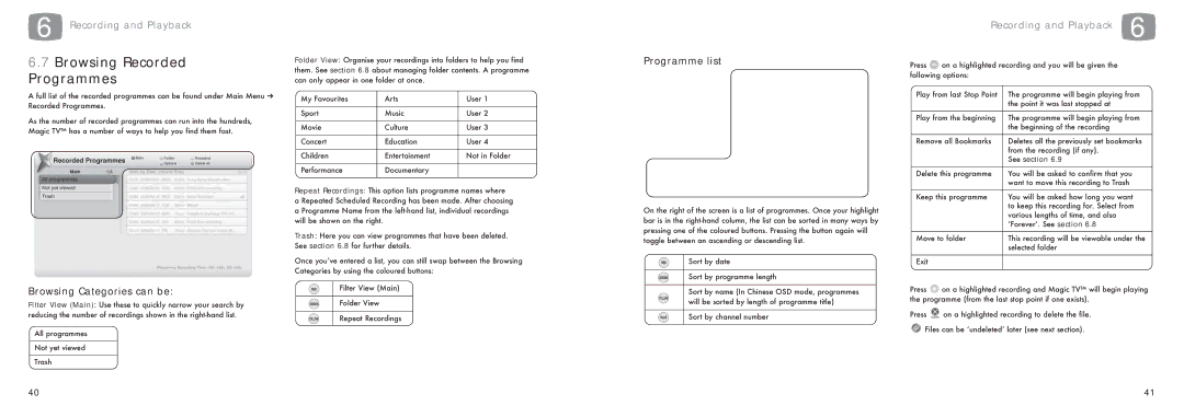 Pixel Magic Systems MTV5000 specifications Browsing Recorded Programmes, Browsing Categories can be, Programme list 