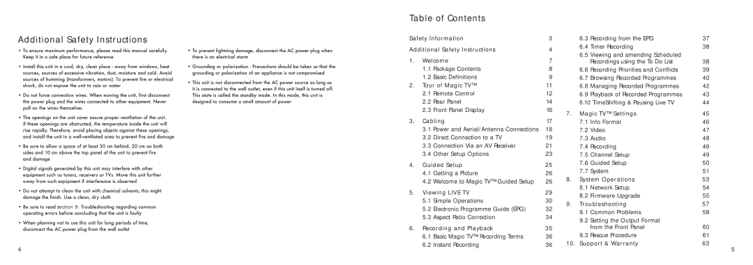 Pixel Magic Systems MTV5000 specifications Additional Safety Instructions, Table of Contents 