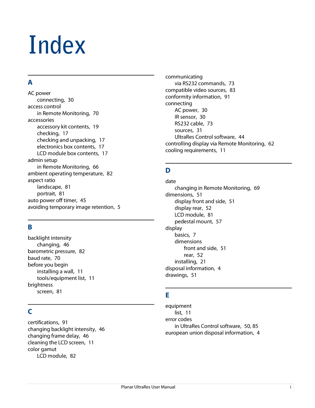 Planar 020-1229-00A user manual Index 