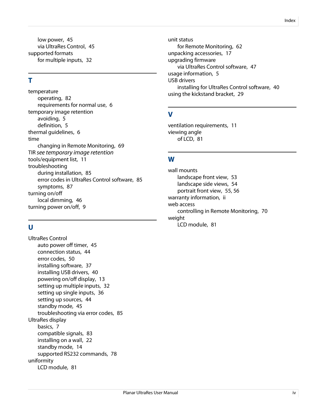 Planar 020-1229-00A user manual Index 