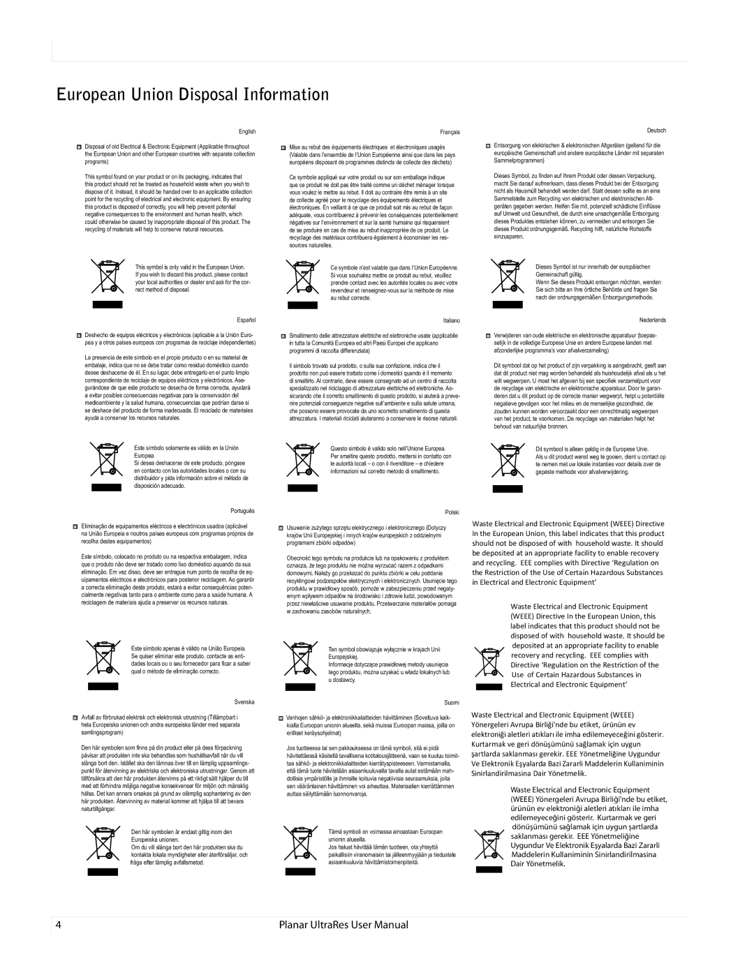 Planar 020-1229-00A user manual European Union Disposal Information 