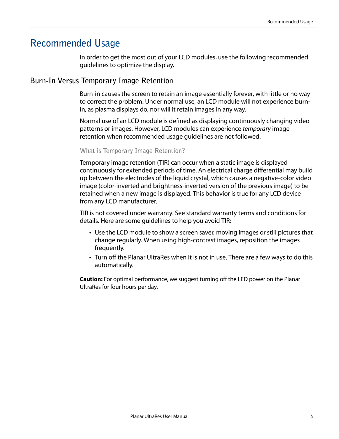 Planar 020-1229-00A Recommended Usage, Burn-In Versus Temporary Image Retention, What is Temporary Image Retention? 