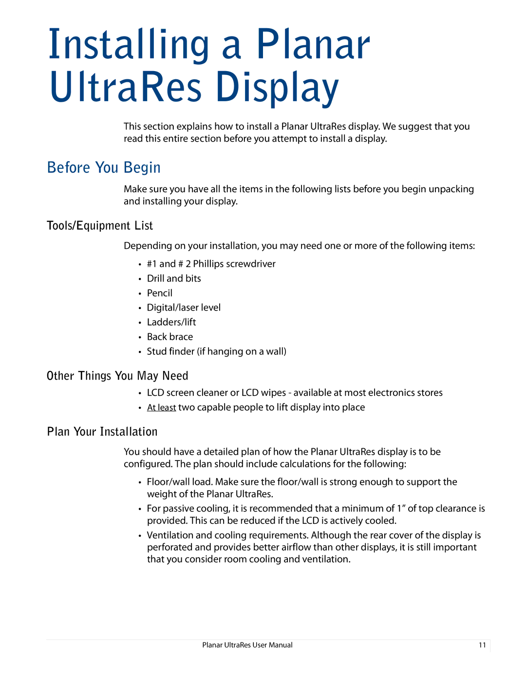 Planar 020-1229-00A Installing a Planar UltraRes Display, Before You Begin, Tools/Equipment List, Plan Your Installation 